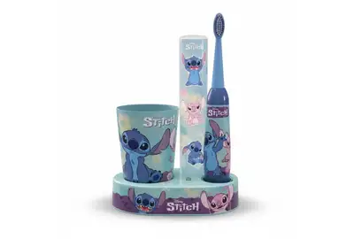 Mr.White Zestaw do mycia zębów dla dzieci Stitch 3+: szczoteczka elektryczna + kubek + pasta + podstawka z czasomierzem LED