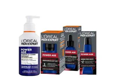 [Zestaw] Loreal Men Expert Power Age Rewitalizujący krem nawilżający 50ml + Loreal Men Expert Power Age Serum z kwasem hialuronowym 30ml + Loreal Men Expert Power Age Rewitalizujący krem pod oczy z kwasem hialuronowym 15ml + Loreal Men Expert Power Age Nawilżający żel oczyszczający do twarzy dla mężczyzn 260ml