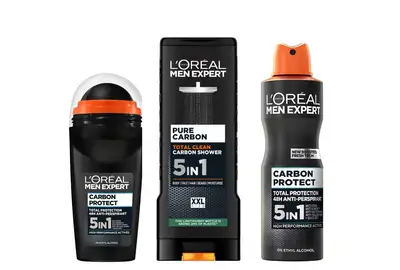 [Zestaw] Loreal Men Expert Carbon Protect 5IN1 48H Antyperspirant w kulce roll-on 50ml + Loreal Men Expert Pure Carbon XXL Żel pod prysznic dla mężczyzn 400ml + Loreal Men Expert 5w1 Carbon Protect Dezodorant w sprayu męski 250ml