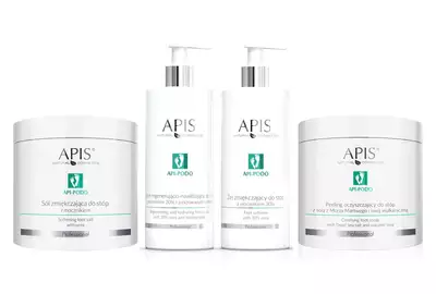 Apis Zestaw Api-Podo: żel zmiękczający do stóp z mocznikiem 30% 500ml + krem regenerująco-nawilżający do stóp 500ml + Peeling oczyszczający do stóp 700g + sól zmiękczająca do stóp z mocznikiem 650g