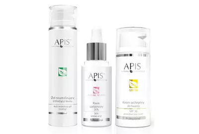 Apis Zestaw Eskfoliacja: krem ochronny do twarzy SPF30 100ml + kwas azelainowy 30% 30ml + żel neutralizujący (chłodzący) kwasy 200ml