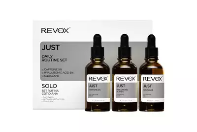 Revox Just B77 Daily Routine Set Zestaw: Caffeine 5% Serum z kofeiną 30ml + Hyaluronic Acid 5% Serum z kwasem hialuronowym 30ml + Squalane Serum ze skwalanem 30ml 
