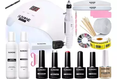 SunOne Zestaw do manicure hybrydowego S03 - lampa Smart, frezarka, lakiery, szablony, aceton, cleaner i akcesoria