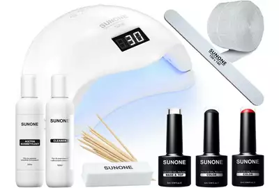 SunOne Zestaw do manicure hybrydowego S01 - lampa Sun 5, lakiery, pilnik, waciki, aceton, cleaner