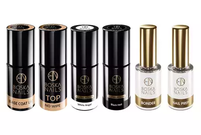 Boska Nails Zestaw Basic do stylizacji paznokci: Lakier hybrydowy - 301 WHITE ANGEL 6ml + Lakier hybrydowy - 302 BLACK HELL 6ml + Top No Wipe Bez przemywania do lakierów hybrydowych UV/LED 6ml + Base Coat UV Baza pod lakier hybrydowy 6ml + Nail Prep Dehydrator Preparat do odtłuszczenia płytki paznokcia 10ml + Boska Nails Bonder Primer bezkwasowy 10ml