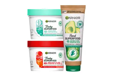 Garnier Zestaw: Body Superfood 48H Nawilżający żel-krem do ciała dla skóry odwodnionej - Arbuz 380ml + Hand Superfood 48H Odżywczy krem do rąk dla skóry suchej i bardzo suchej - Awokado 75ml + Body Cream Superfood 48H Kojący krem do ciała dla skóry normalnej i suchej 380ml