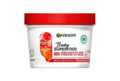 Garnier Zestaw: Body Superfood 48H Nawilżający żel-krem do ciała dla skóry odwodnionej - Arbuz 380ml + Hand Superfood 48H Odżywczy krem do rąk dla skóry suchej i bardzo suchej - Awokado 75ml + Body Cream Superfood 48H Kojący krem do ciała dla skóry normalnej i suchej 380ml